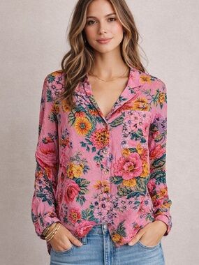 Anthropologie Pink Floral Button-Down with Yellow & Green Accents